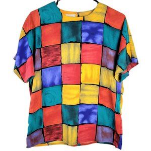 Vintage 80s Colorful Patchwork Blouse Women Small Top Shirt Short Sleeve Summer